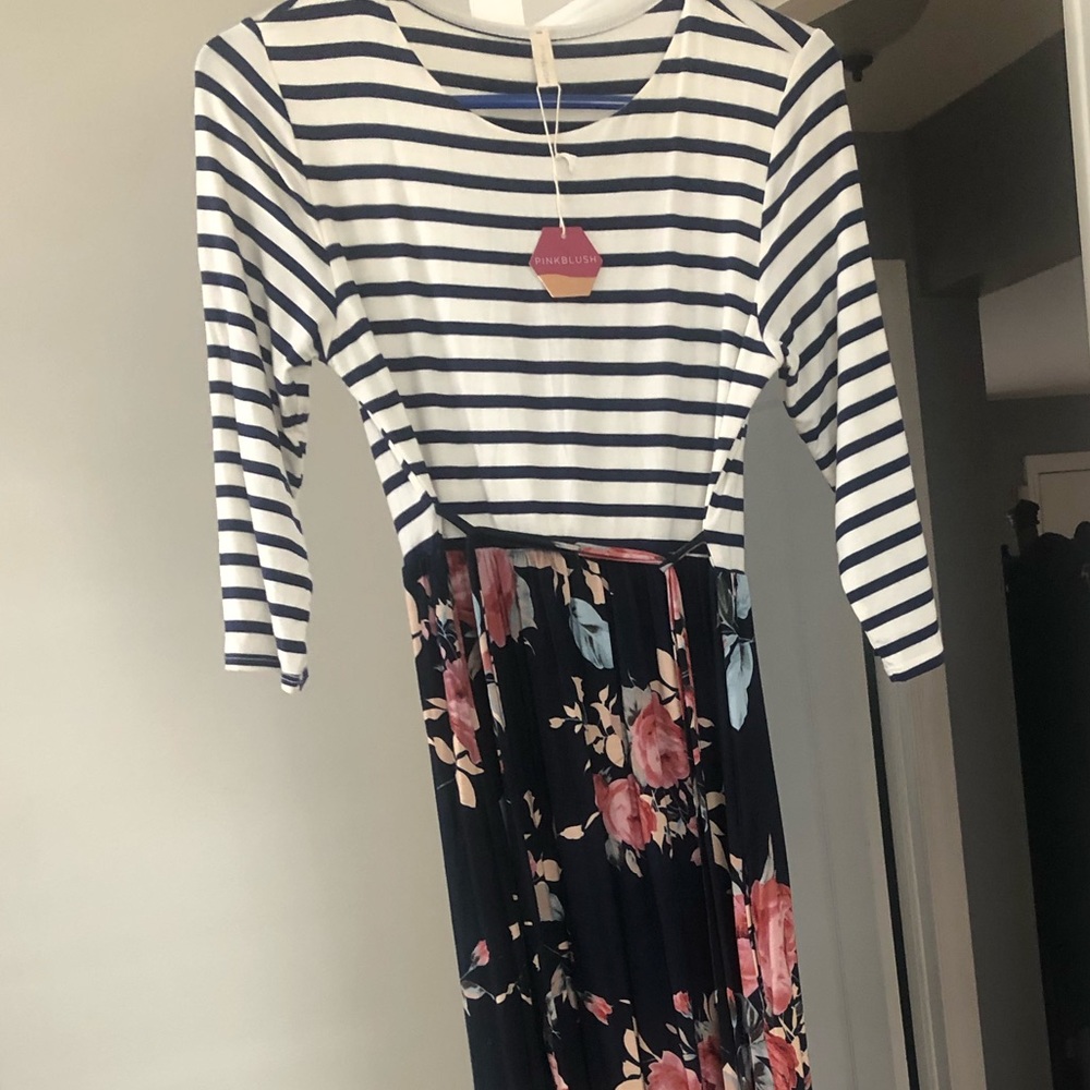 Pink Blush maternity navy dress.
